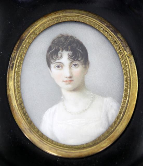 Attributed to Edward Villiers Rippingille (1798-1859) Miniature of a young lady wearing a white dress, 2 x 1.75in.